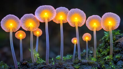 Delicate luminous spores of fungi glowing with an otherworldly light in the dark forest