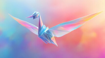 Delicate translucent resin origami crane with iridescent colors against a soft pastel gradient background