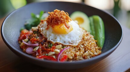 Delicious Indonesian Nasi Goreng with a fried egg and garnish