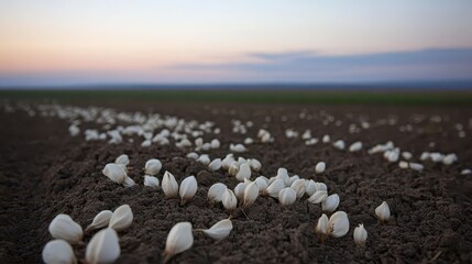 Dried seed pods scattered across a field during dusk