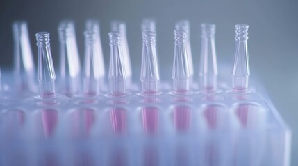 Clear pipette tips lined up in a sterile box for laboratory work