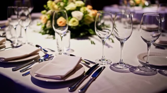 Elegantly decorated event table with crystal glasses and floral centerpiece