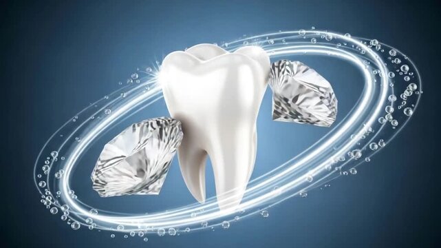 Dental care concept with a tooth and diamonds on a blue background with water bubbles