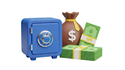 3D Blue safe with money bag and dollar bills on transparent background