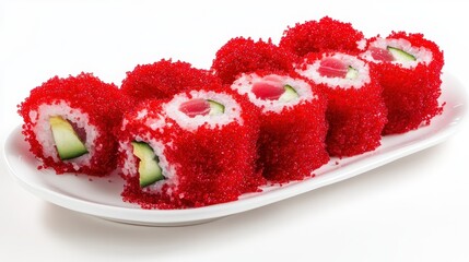 Close up of sushi rolls with tuna and avocado on a plate