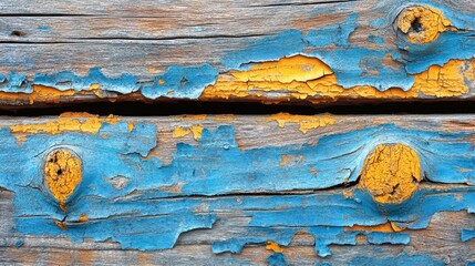 Close up of weathered wood with peeling blue and orange paint revealing textured grain patterns