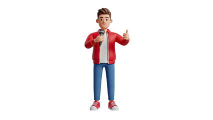 3D Cartoon Man with Microphone Giving Thumbs Up on transparent background