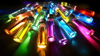 Colored liquids swirling inside glass vials illuminated brightly