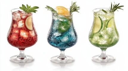 Colorful Cocktails with Fruit Slices on a White Background