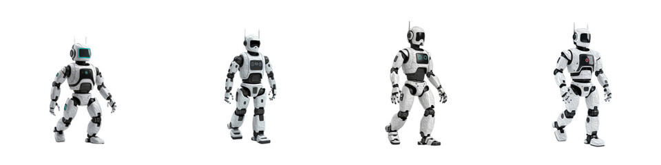 Set of Modern White Robots in Motion, Oil Paint Style, Isolated on Transparent Background, PNG