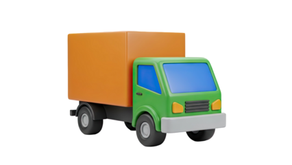 3D Cartoon truck with orange cargo box on transparent background