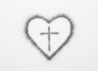 Heart shaped ash cross on white background, Christian religious symbol representing faith, love, spirituality, Lent, prayer, sacred devotion
