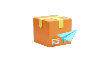 3D Delivery box with paper airplane on transparent background