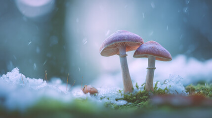 Close-animated movie macro photography of purple-binked fungi with textured caps and slender stems growing on snow-covered ground with bokeh background