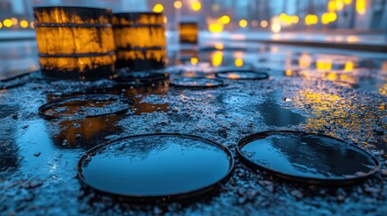 Dark industrial oil drums leak creating menacing puddles of liquid on a wet gritty ground with blurry background lights