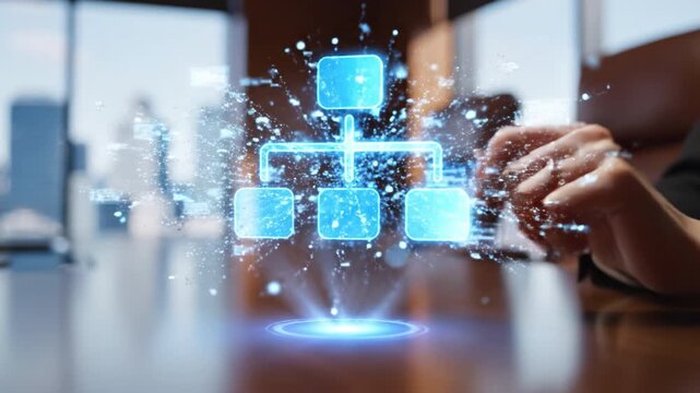 Futuristic digital network hologram with hand pointing at glowing blue interface and data visualization in modern office environment showcasing innovative business interaction and organizational chart