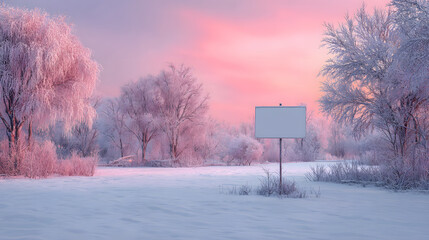 Festive yard sign mockup in snowy field with soft pink sky and frozen trees
