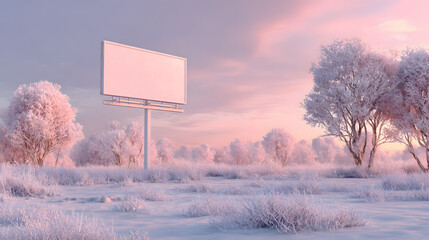Festive yard sign mockup in snowy field with soft pink sky and frozen trees