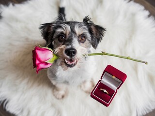 Cute dog on white rug holding rose and ring box, playful pet portrait symbolizing love, proposal, romance, valentine surprise
