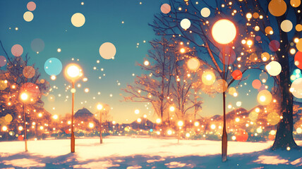 雪が舞い降りる穏やかな冬のひとときを描いた自然風景イラスト素材｜静寂、落葉樹、粉雪、白い世界、空気感、Gペン仕上げ、情景描写、ストックフォト向け素材