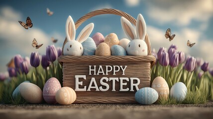 A festive Easter scene featuring large letters spelling &ldquo;Happy Easter&rdquo;