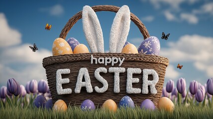A festive Easter scene featuring large letters spelling &ldquo;Happy Easter&rdquo;