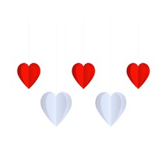 Hanging red and white heart shapes on strings