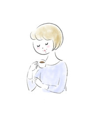 リラックスした様子で目を閉じ、コーヒーを楽しむ女性の手描きイラスト