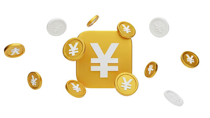 3D Golden Yen Symbols and Coins with Central Yellow Icon on transparent background