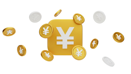 3D Golden Yen Symbols and Coins with Central Yellow Icon on transparent background