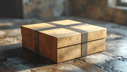 A square box, made of wood and sealed with black bands in a cross, sits on a worn floor bathed in light