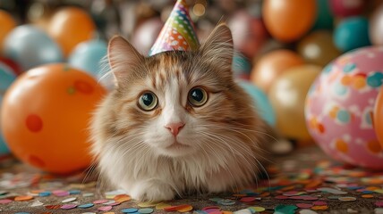 A happy cat with a bright party hat is surrounded by balloons and confetti during a joyful indoor event.