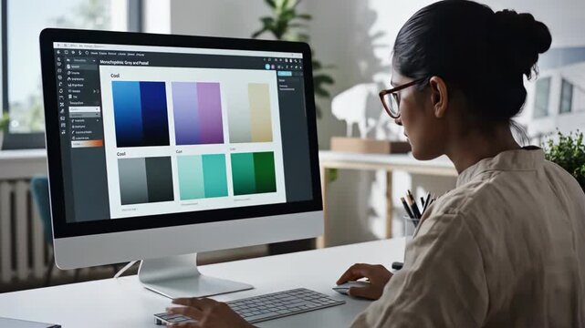 Woman Graphic Designer Working on Computer Screen with Color Palette