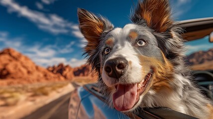 A happy dog travels through a desert in a convertible on a lovely day.