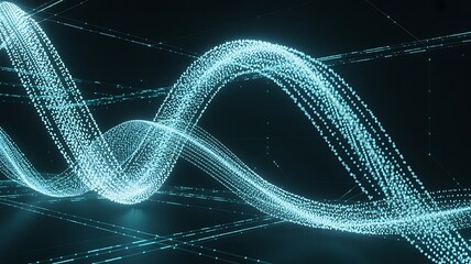Abstract digital wave of glowing blue particles on a dark background