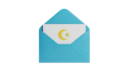 3D Blue envelope with paper and crescent moon and star on transparent background