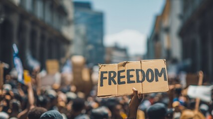 A protester holds a cardboard sign reading "FREEDOM" above a large crowd during a demonstration in an urban setting. unity, and determination of people standing up for civil rights and liberty.