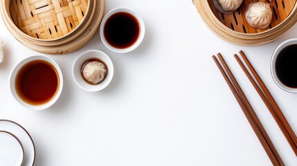 Overhead view of Dim Sum dumplings with chili oil and sauce