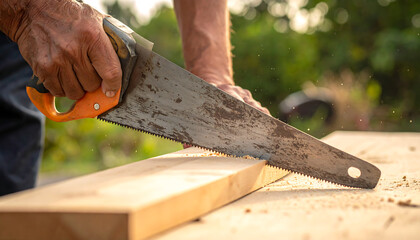 Close up of carpenter cutting the wooden plank with his  hand saw