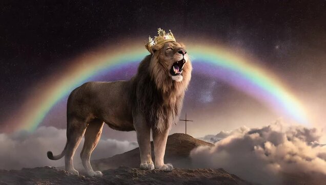 A lion roars majestically, crowned with gold, surrounded by a rainbow, and the cross of Christ in the distance. Symbolizes the lion of the tribe of Judah, full of strength and power
