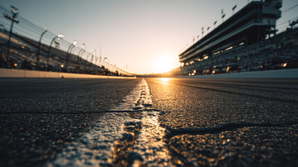 Close-animated movie view of a race track surface at sunrise with detailed textured asphalt and painted white lines, illuminated by warm sunlight