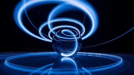 Abstract blue light trails swirling around a glass sphere