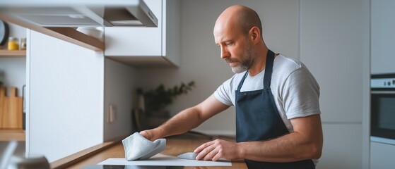 Man cleaning kitchen counter in modern home
