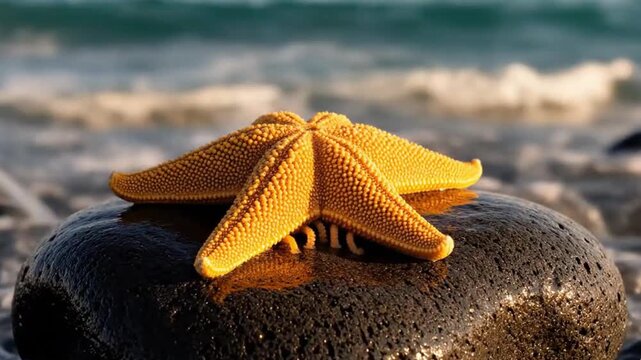 A vibrant, five-armed marine creature with a textured, golden-orange surface rests peacefully on a dark, wet volcanic rock at the tranquil edge of the ocean. Gentle waves softly lap in the blurred bac