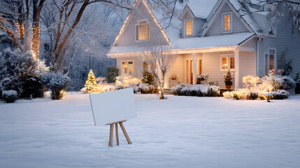 Festive yard sign mockup in snowy front yard with cozy holiday lights on the house