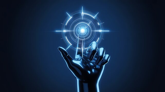 Robotic hand interacting with a futuristic holographic interface - Powered by Adobe