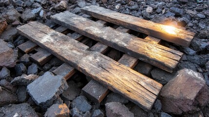 Weathered wooden planks resting on railway ties over a bed of coal and rocks
