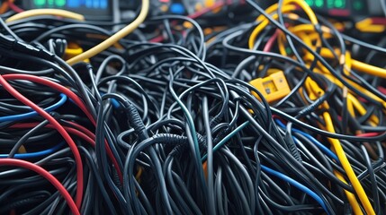 Tangled Industrial Cables Forming a Complex Electrical Network