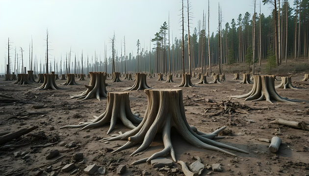 Barren land with tree stumps, dry soil, clear cut forest