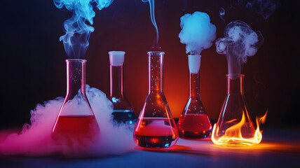 Colorful beakers emitting smoke and flames in dark lab